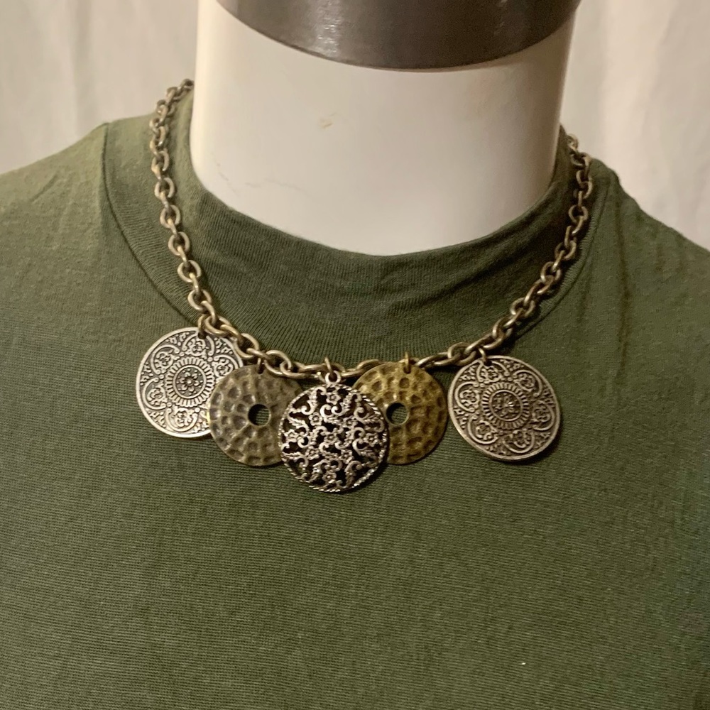 Chicos Medallion Pendant Necklace Gold Tone Bronze Silver